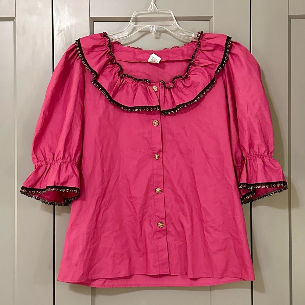 Vintage Malco Modes Puff Sleeve Top Size USA made Pink Lace Trim Squaredance S